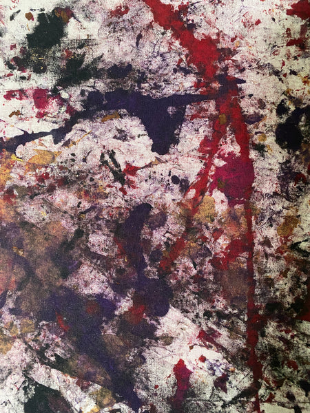 Abstract art with splashes of red, black, gold and white on a stretched canvas frame.  36" x 48" 